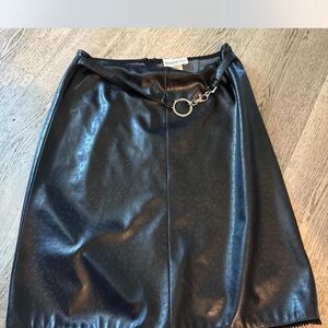 Vintage sharagano Paris Black Leather Pencil Skirt with Chain Accent